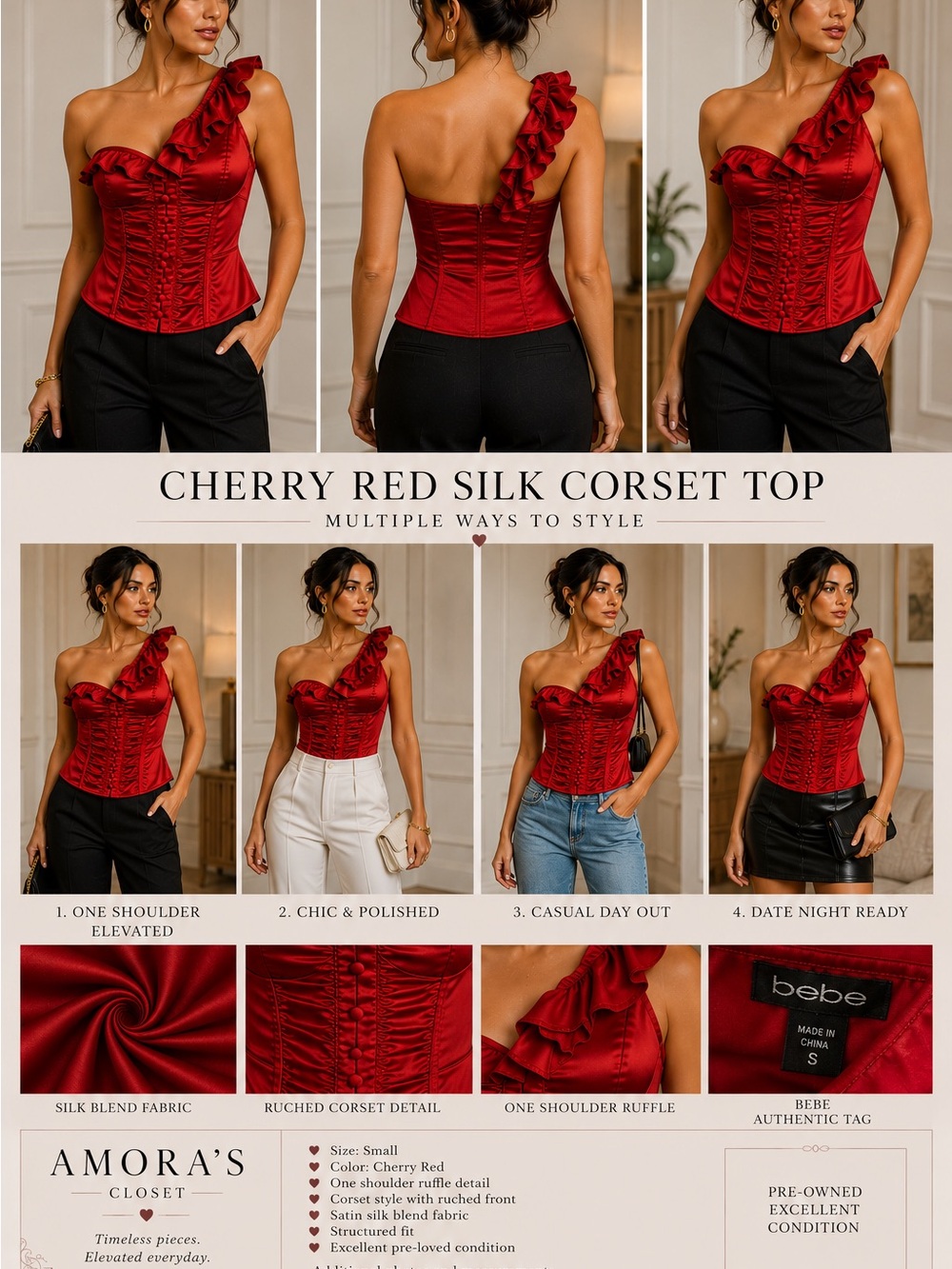 bebe Cherry Red One-Shoulder Silk-Blend Corset Top